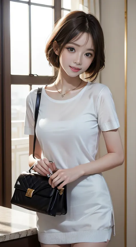 ​masterpiece、Top image quality:1.2、((beautiful young woman with))、Transparent skin:1.2、{A slight smil}、(kawaii)、Short sleeve knit、luxury hotel、depth of fields