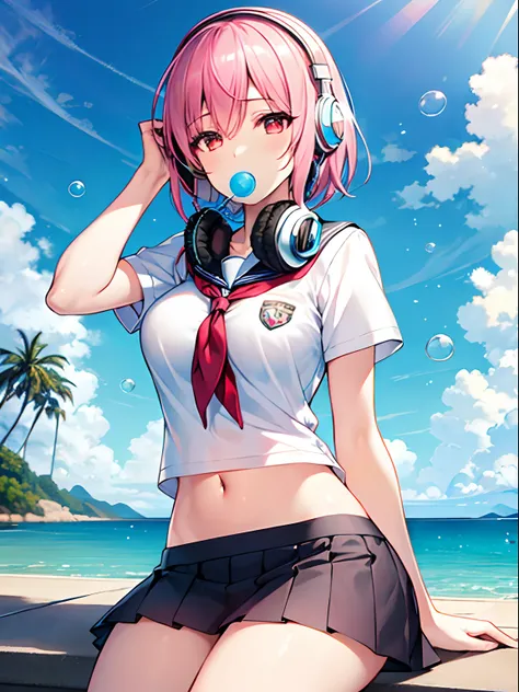 Highly detailed and realistic CG, Colorful, Masterpiece, Best Quality, magnificent, jewel-like eyes, 1girl, solo, pink hair, short hair, spiky hair, school uniform, navel, miniskirt, sitting, outdoors, bubble blowing, headphones, hand on headwear, medium b...