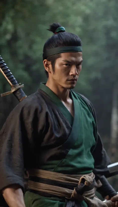 About 20 years after the feudal era, A samurai Roronoa zoro,  with a katana wrapped in a sinister aura facing several menacing monsters ready to attack.