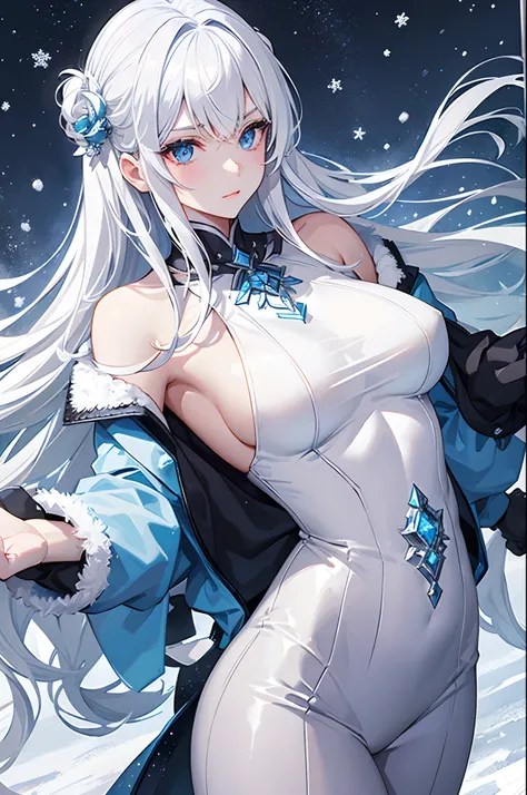 masterpiece, highlydetailed, ultra-detailed, cold, solo, (1girl), (pale skin), icyblue eyes, frosty white hair, cool Chara, flat face, young lady, lady chara, medium boobs, Arrogant, confident, cold face, goddess, cool kuudere girl, sharp eyes, (snowy back...