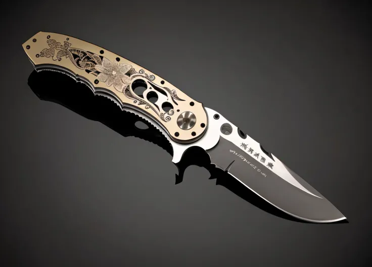 Typographic art folding knife tactical knife engraved blade, octane render, Grouchy Tang Dynasty knife, Magical details, Masterpiece, dreamy magical atmosphere, [ (art by Goro Fujita:0.8) , (art by Mike Campau:0.9) ::6], a folding knife . Stylized, intrica...