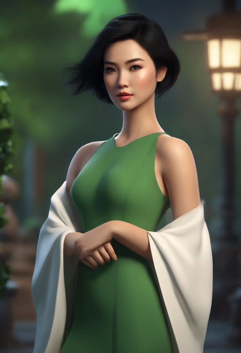 A female character standing, look straight, age 25, mixed Asian and Western. Good body shape with short black hair, in a white beautiful casual dress, in 3D digital art style, with a green screen background. High-quality image and detail on the face.