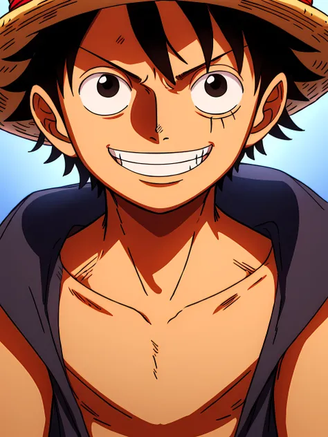 1boy, wanostyle, monkey d luffy, smiling, straw hat, looking at viewer, solo, upper body, ((masterpiece)), (best quality), (extremely detailed), depth of field, sketch, dark intense shadows, sharp focus, soft lighting, hdr, colorful, good composition, fire...