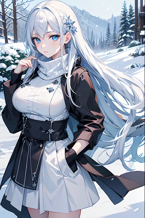 masterpiece, highlydetailed, ultra-detailed, cold, solo, (1girl), (pale skin), icyblue eyes, frosty white hair, cool Chara, flat face, young lady, lady chara, medium boobs, Arrogant, confident, cold face, goddess, cool kuudere girl, (snowy background), sno...