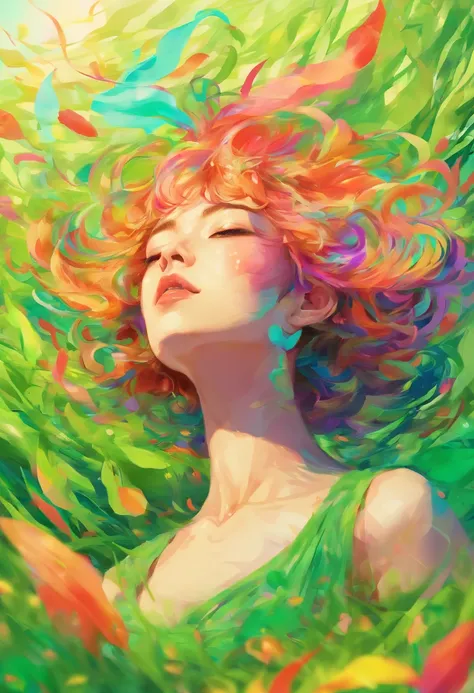 ((top-quality, 8K)), (Realistic), (Face Focus: 1.1), (Green grass: 1.3), Kawaii Girl, short-hair, 
Hair fluttering in the wind, Facing to the side, Look up at your face, Eyes closed, (Sleeveless: 1.1)、Skirt, D Cup Breasts,Countless petals