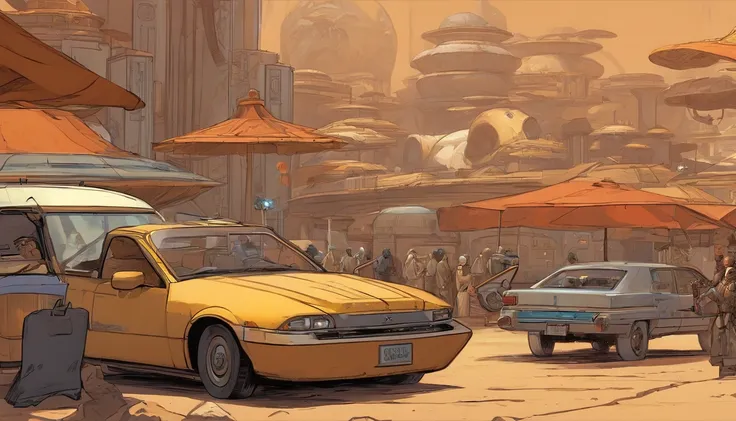 Planet Tatooine, The city, busy street, bar, A crowd in beautiful outfits and expensive accessories, parked expensive cars, concept art by Magalie Villeneuve, trending on cg society, filmstill """Star Wars""": The Old Republic", concept art by Ralph McQuar...