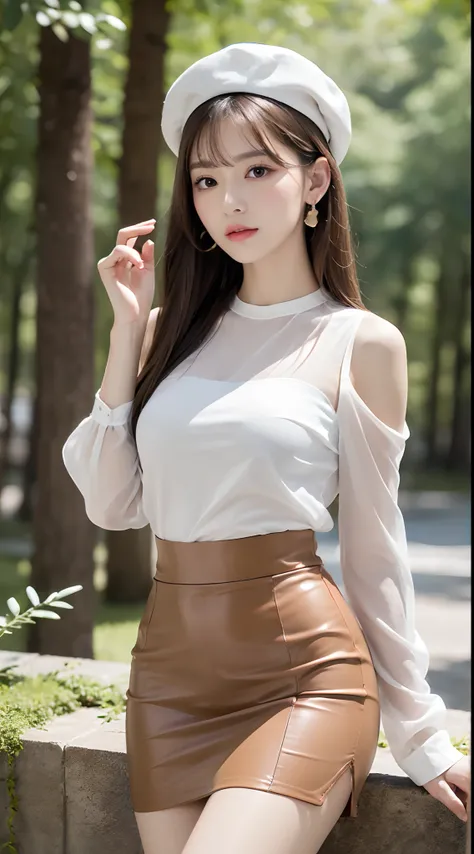 (Best quality, masutepiece, Ultra HD: 1.3), 1girl in, middlebreast, Light brown hair, Blunt bangs, hair behind ear, hair over shoulders, Long hair, Slender body type, ultradetail face, Delicate lips, Beautiful eyes, thin blush, The eyes are light brown, pe...