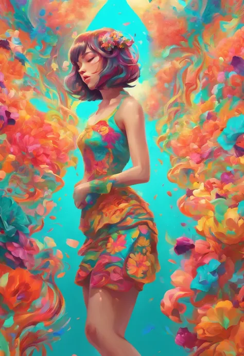 ((top-quality, 8K)), (Realistic), (Face Focus: 1.1), (cyan colors: 1.3), Kawaii Girl, short-hair, 
Hair fluttering in the wind, Facing to the side, Look up at your face, Eyes closed, (Sleeveless: 1.1)、Skirt, D Cup Breasts,Countless petals