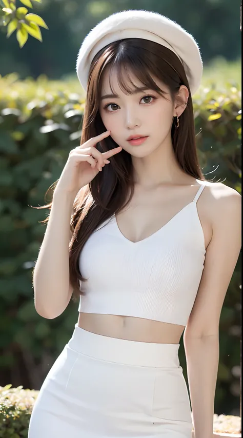 (Best quality, masutepiece, Ultra HD: 1.3), 1girl in, middlebreast, Light brown hair, Blunt bangs, hair behind ear, hair over shoulders, Long hair, Slender body type, ultradetail face, Delicate lips, Beautiful eyes, thin blush, The eyes are light brown, pe...