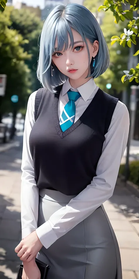 masterpiece, high quality, 8k, beautiful lighting, 1girl, solo, green eyes, medium_hair, white shirt, sweater vest, black vest, blue necktie, grey skirt, outdoors, cowboy shot, looking at viewer, anime, blue hair,