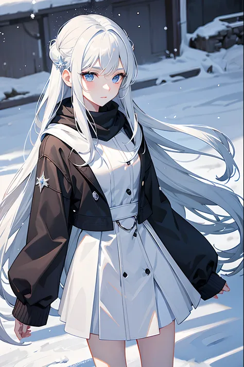 masterpiece, highlydetailed, ultra-detailed, cold, solo, (1girl), (pale skin), icyblue eyes, frosty white hair, cool Chara, flat face, young lady, lady chara, medium boobs, Arrogant, confident, cold face, goddess, cool kuudere girl, (snowy background), sno...