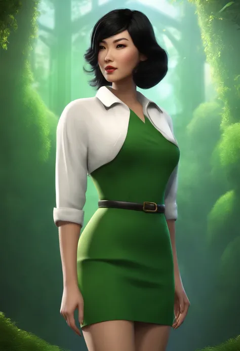 A female character standing, look straight, age 25, mixed Asian but more Western. Good body shape with short black hair, in a white beautiful cadigan, in 3D digital art style, with a green screen background. High-quality image and detail on the face.