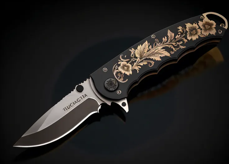 texture folding knife tactical knife engraved blade, art by Leticia Gillett, octane render, Folded Chinoiserie knife, Foul details, Dark, Glitchcore, Beautifully Lit, a folding knife top down close-up