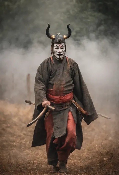 （They Samurai），（Wearing a demon mask ），seulement，Corps entier comme，（Armed with a long sharp knife），Epic artwork，（（Style de peinture sur panneau de Kyoto）），Effet de vent：1.9，Effets de nuage：1.2，Rendu complet，Encaustic painting,flammes