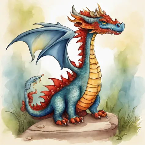 Make a childrens book-style drawing of a cute little anthropomorphic dragon with long wings and tail. Ele tem escamas coloridas, big eyes and is smiling. The dragon is wearing a blue sleeveless blouse and red shorts. The clothing is the right size for your...