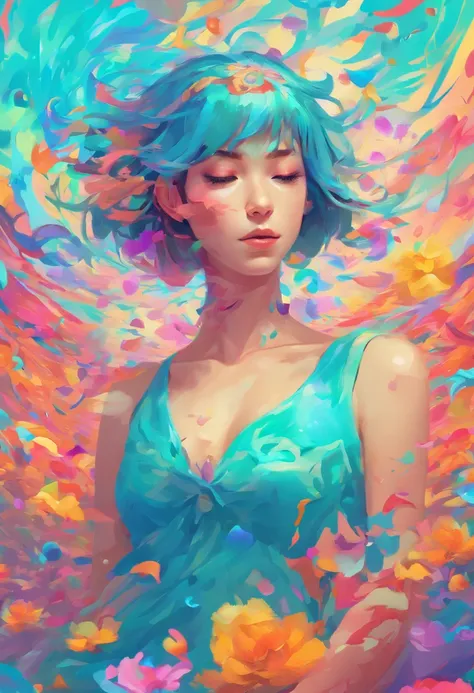 ((top-quality, 8K)), (Realistic), (Face Focus: 1.1), (cyan colors: 1.3), Kawaii Girl, short-hair, 
Hair fluttering in the wind, Facing to the side, Look up at your face, Eyes closed, (Sleeveless: 1.1)、Skirt, D Cup Breasts,Countless petals are falling