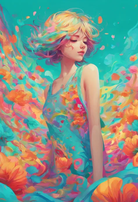 ((top-quality, 8K)), (Realistic), (Face Focus: 1.1), (cyan colors: 1.3), Kawaii Girl, short-hair, 
Hair fluttering in the wind, Facing to the side, Look up at your face, Eyes closed, (Sleeveless: 1.1)、Skirt, D Cup Breasts,Countless petals are falling