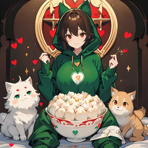 undertale，chara，solo person，Lone wolf，shadowy，Grinning，red - eyed，Sick，morden，Cold-blooded killer，Standing in the shadows，Green hood，With a hood，Green sweater，brown shorts，daggers，stocklings，Full body standing painting，with short brown hair，Be red in the f...