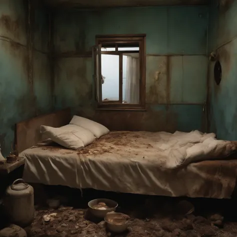 A hyper-realistic、Womans bedroom at night with a large bed with closed dirty curtains due to a large amount of rotting internal organs, Rotten seafood, Manure and vomit scattered in contaminated, white, murky sewage swirl and flow on the charred floor of a...