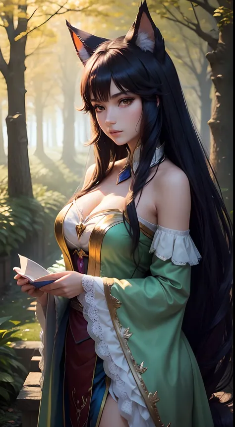 dAhri de League of Legends, standing gracefully in the middle of an enchanted clearing in the forest. Ahri should be represented with its characteristic charm, with an air of seduction and mystery in his eyes. Ses neuf queues devraient flotter autour delle...