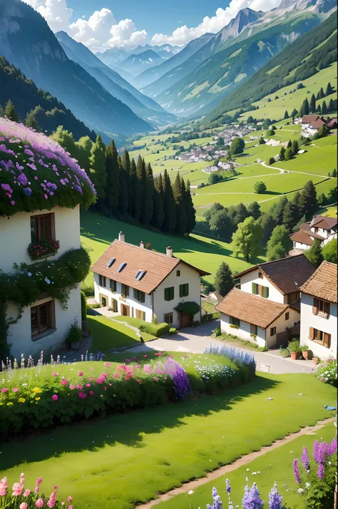 Peaceful and idyllic countryside, Rolling green hills dotted with grazing sheep, Charming villa，Set amidst vibrant flowers, Clear blue sky overhead, Evokes a sense of peace and simplicity, Valle encantador, switzerland, patches of green fields, lush countr...