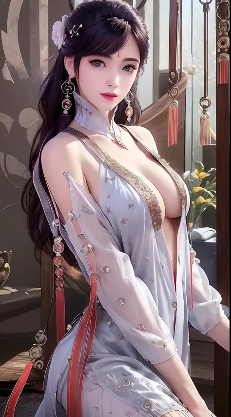 1 beautiful and sexy 20 year old girl, ((ultra-thin sexy nightgown with deep slits to cover :1.8)), ((full nude:1.6)), ((The girl wore an off-the-shoulder dress that revealed her cleavage and exposed her breasts beautifully:1.8)), ((long black hair:1.8)), ...