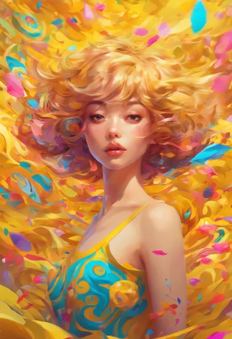 ((top-quality, 8K)), (Realistic), (Face Focus: 1.1), (amarelo: 1.3), Kawaii Girl, short-hair, 
Hair fluttering in the wind, Facing to the side, Look up at your face, Eyes closed, (Sleeveless: 1.1)、Skirt, D Cup Breasts,Countless petals are falling