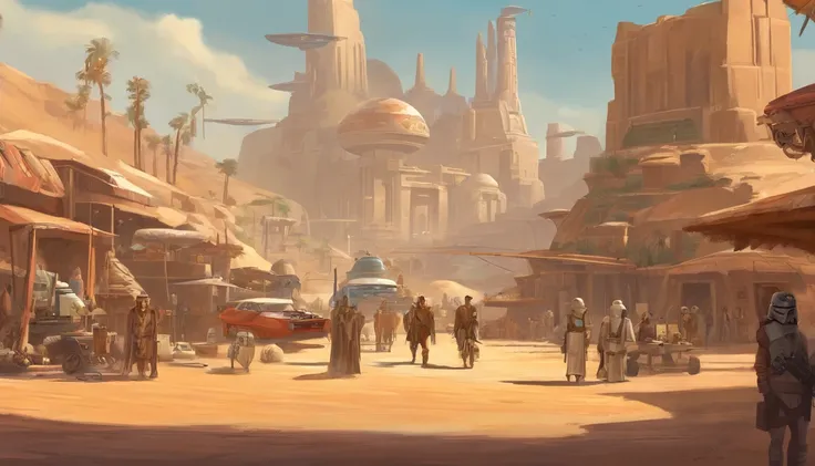 (((Masterpiece))), ((Best Quality)), ((Ultra-detailed)), (CG illustration), (Extremely treacherous and beautiful)), Planet Tatooine, The city, busy street, bar, A crowd in beautiful outfits and expensive accessories, parked expensive cars, concept art by M...