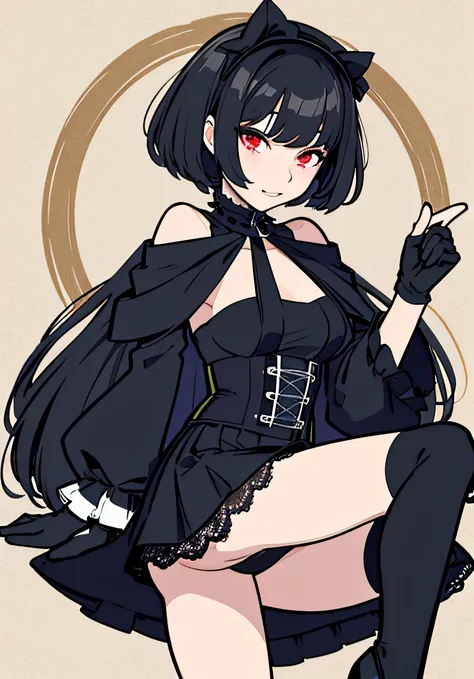 Persona diagram，The waist is very long, indifferent expression，Qi bangs，Lace off-the-shoulder black skirt，long-sleeved gloves，Ruffled black hot pants，crape，Black heels，Red sole（From the front：1.3），