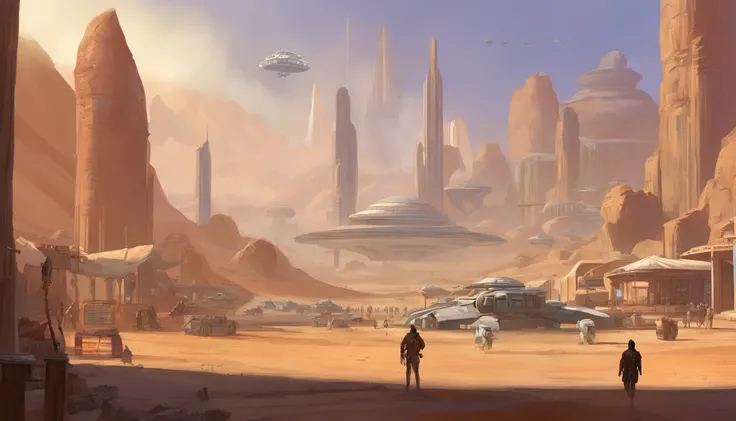 (((Masterpiece))), ((Best Quality)), ((Ultra-detailed)), (CG illustration), (Extremely treacherous and beautiful)), Planet Tatooine, The city, busy street, bar, A crowd in beautiful outfits and expensive accessories, parked expensive cars, concept art by M...