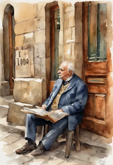 An old and tired men holding an advertisement saying ((((1000))))! (((((1000 followers))))) His expression of agony is frozen on his pale face, Lying on the cobblestone floor, vemos a cena de cima, um vulto sutil em uma parte das vielas