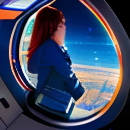 digital art, (beautiful woman, astronaut clothes, holding an advertisement saying ((((1000)))), out at night! (((((1000 followers))))) ), (floating inside a spaceship, window with view of the earth in the background), (intricate, Cinematic lighting, glowin...