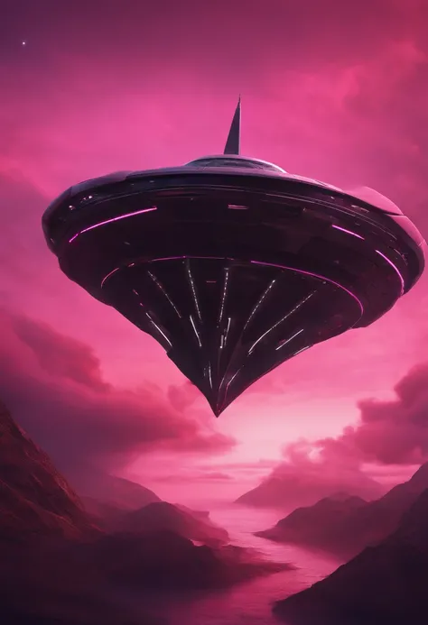 Dark spaceship with tapered shapes, speeding through a pink sky