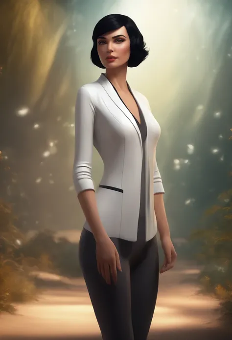 A female character standing straight, look straight, age 25, Good body shape with short black hair, in a white beautiful cadigan, in 3D digital art style, contrast background. High-quality image and detail on the face.