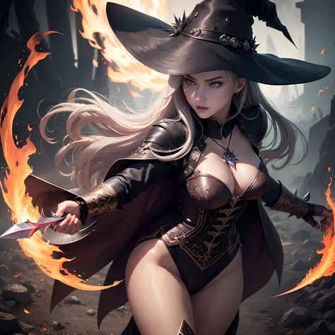 (Best Quality,Ultra-detailed,Realistic:1.37)、Witch attacking with fire magic、An 18-year-old woman、(Sharp eyes:1.5)、Aggressive look、Stylish outfit、Radiates flames from the palm of your hand、Full body