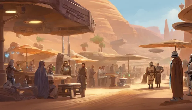 Planet Tatooine, The city, busy street, bar, A crowd in beautiful outfits and expensive accessories, parked expensive cars, concept art by Magalie Villeneuve, trending on cg society, "Star Wars""": The Old Republic", concept art by Ralph McQuarrie