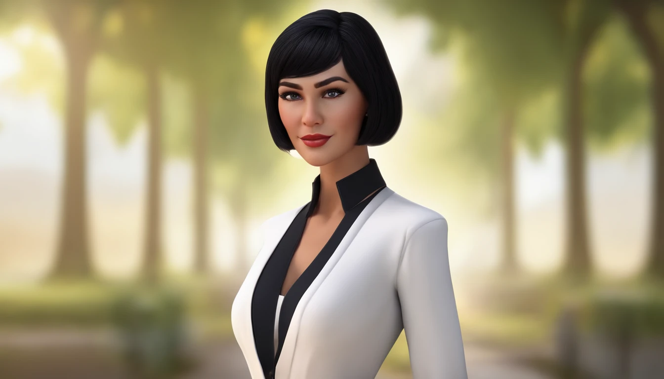 A female teacher character standing straight, look straight, age 25, Good body shape with short black hair, in a white beautiful cadigan, in 3D digital art style, contrast background. High-quality image and detail on the face.