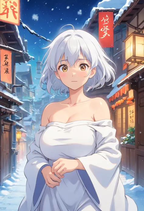 one-girl，White clothes，Off-the-shoulder attire，White hair，Huge breasts，cleavage，，Ice and snow，In the snow，Blizzarding，the street，neonlight，Open navel