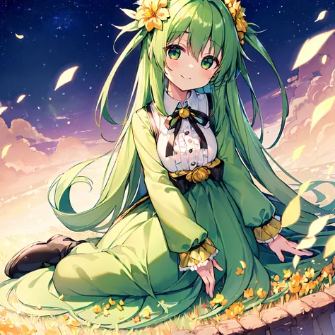 (top-quality:1.5), (​masterpiece:1.5), (hight resolution:2.0)、Beautiful girl alone、cute little、Lori、Small breasts、sitting on、(A smile)、(green colored eyes)、(Eyes in detail)、(green colored hair)、((Twin-tailed))、(Semi-long hair)、Golden flower hair ornament、(...