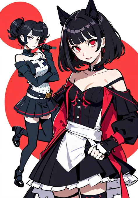 {persona 5 style}，Persona diagram，The waist is long, Indifferent expression，Qi bangs，hair straight，Lace off-the-shoulder black skirt，long-sleeved gloves，Ruffled black hot pants，crape，Black heels，Red accessories（From the front：1.3），