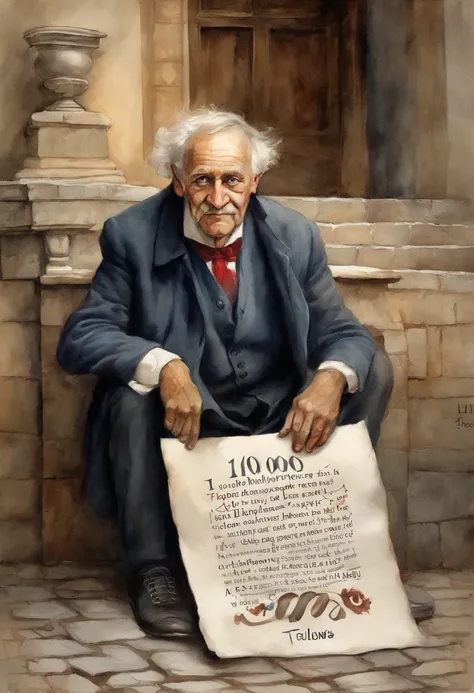 An old and tired men holding an advertisement saying (((((1000 followers)))))! His expression of agony is frozen on his pale face, Lying on the cobblestone floor, vemos a cena de cima, um vulto sutil em uma parte das vielas