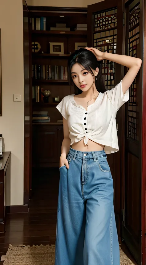 A photo of the life of an oriental beauty，long  skirt、denim pant、Yoga library、Popular shorts