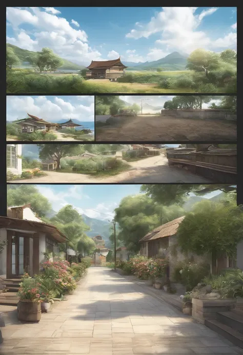 （（（Comic storyboard））），comic strip，Two-dimensional picture，Manhwa Style，Makoto Shinkai animation style，Makoto Shinkai animation film art style，Ultra-wide angle of view，A town with beautiful mountains and waters，Faraway view，super-fine，ultra - detailed，high...