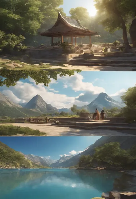 （（（Comic storyboard））），comic strip，Two-dimensional picture，Manhwa Style，Makoto Shinkai animation style，Makoto Shinkai animation film art style，Ultra-wide angle of view，A town with beautiful mountains and waters，Faraway view，super-fine，ultra - detailed，high...