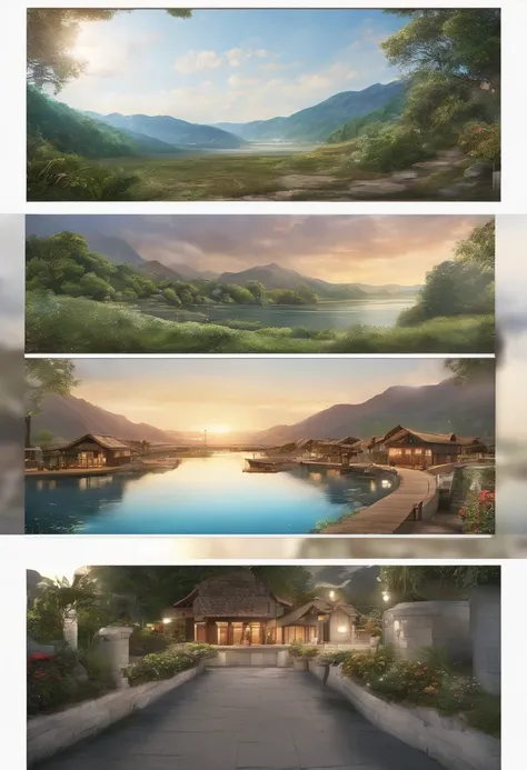 （（（Comic storyboard））），comic strip，Two-dimensional picture，Manhwa Style，Makoto Shinkai animation style，Makoto Shinkai animation film art style，Ultra-wide angle of view，A town with beautiful mountains and waters，Faraway view，super-fine，ultra - detailed，high...