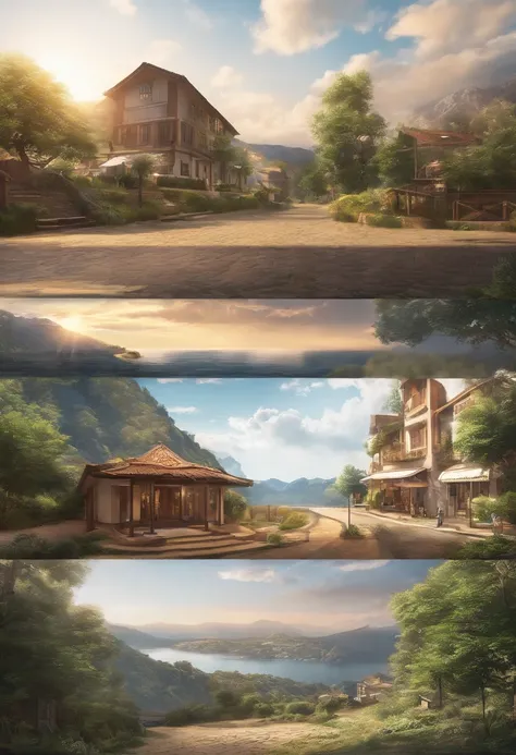 （（（Comic storyboard））），comic strip，Two-dimensional picture，Manhwa Style，Makoto Shinkai animation style，Makoto Shinkai animation film art style，Ultra-wide angle of view，A town with beautiful mountains and waters，Faraway view，super-fine，ultra - detailed，high...