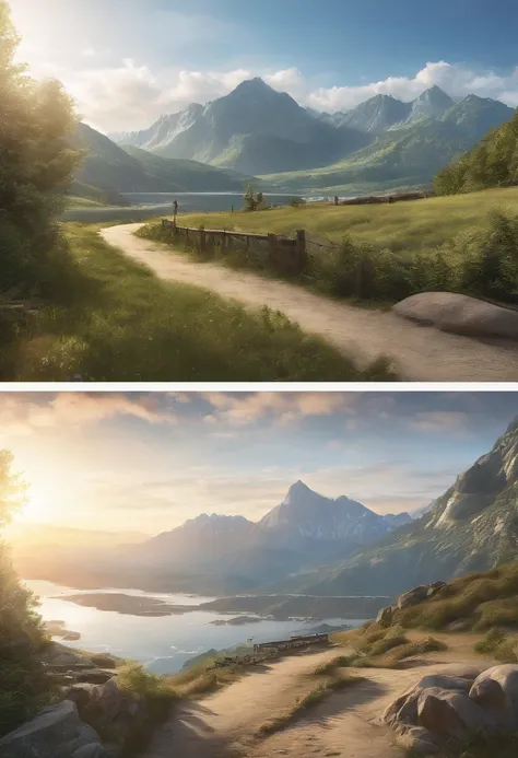 （（（Comic storyboard））），comic strip，Two-dimensional picture，Manhwa Style，Makoto Shinkai animation style，Makoto Shinkai animation film art style，Ultra-wide angle of view，A town with beautiful mountains and waters，Faraway view，super-fine，ultra - detailed，high...