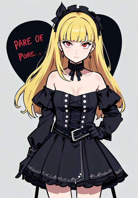 {persona 5 style}，Persona diagram，The waist is very long, a baby face，Indifferent expression，Qi bangs，hair straight，Lace off-the-shoulder black skirt，long-sleeved gloves，Ruffled black hot pants，crape，Black heels（From the front：1.3），