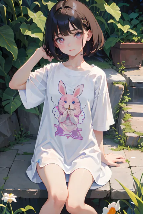 (Knees，crouching down)，（​masterpiece，Highest Quality），(child)，((Long white T-shirt with rabbit print，Light short-sleeved dress))，(A dark-haired，Medium bob)，Light pink eyes，embarrassed from，sleepy expression，Delicate body