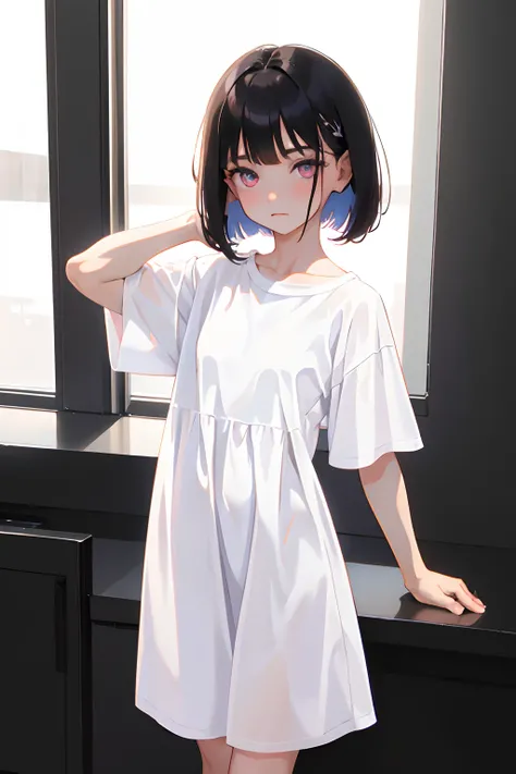 （​masterpiece，Highest Quality），(child)，((Long White T-Shirt，Light short-sleeved dress))，(A dark-haired，Medium bob)，Light pink eyes，embarrassed from，sleepy expression，Delicate body，Back lighting